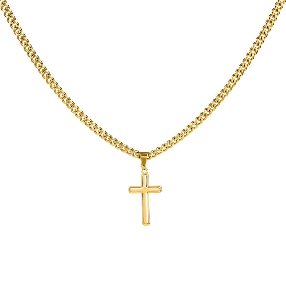 Collar Cruz Grabada con Cadena Cubana en Acero Inoxidable Chapado en Oro-2 Collar Cruz Grabada con Cadena Cubana en Acero Inoxidable Chapado en Oro-2 foto de producto