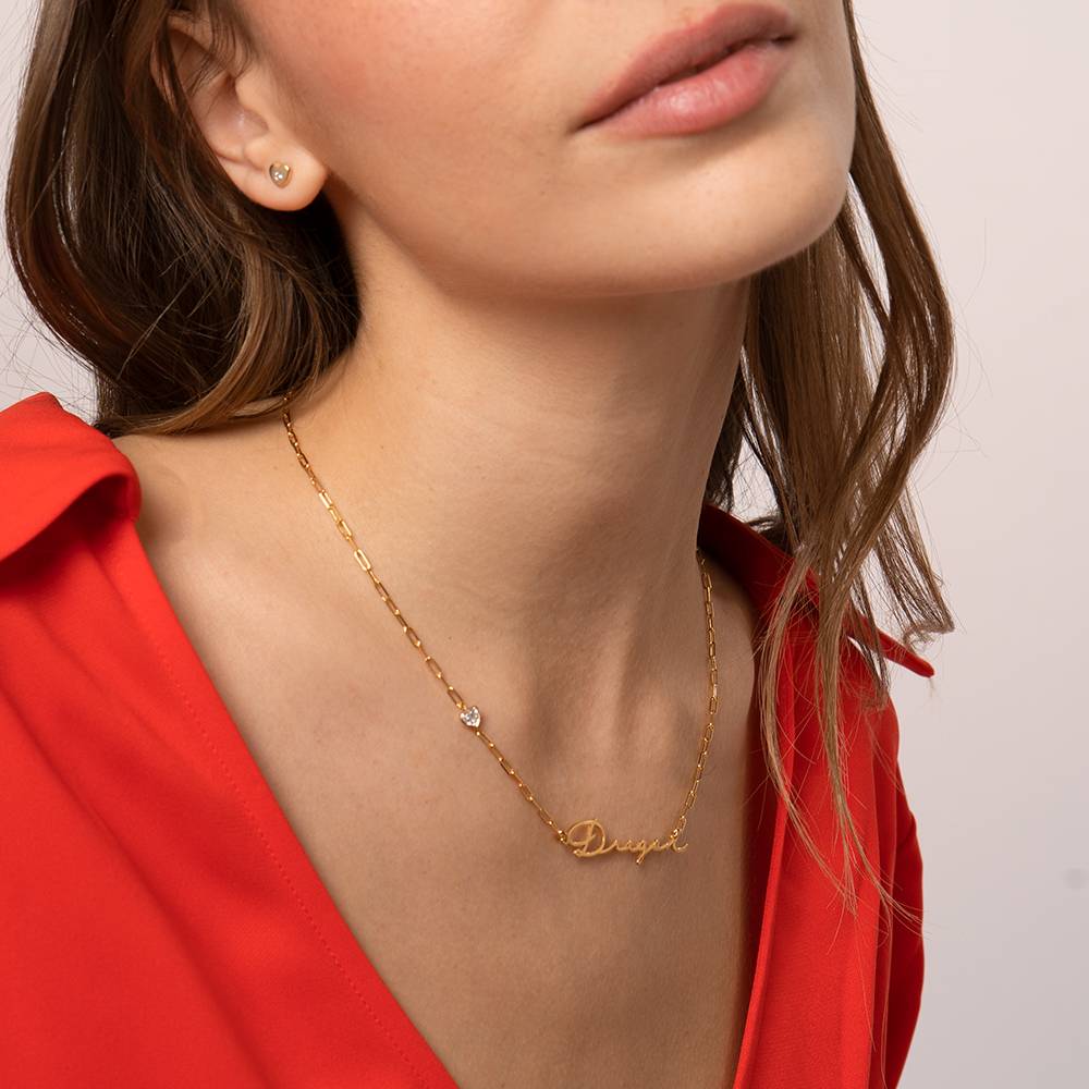 Collar de Eslabones con Nombre de Firma con Diamante en Forma de Corazón en Chapa de Oro-4 foto de producto