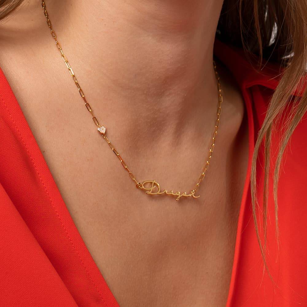 Collar de Eslabones con Nombre de Firma con Diamante en Forma de Corazón en Chapa de Oro-1 foto de producto