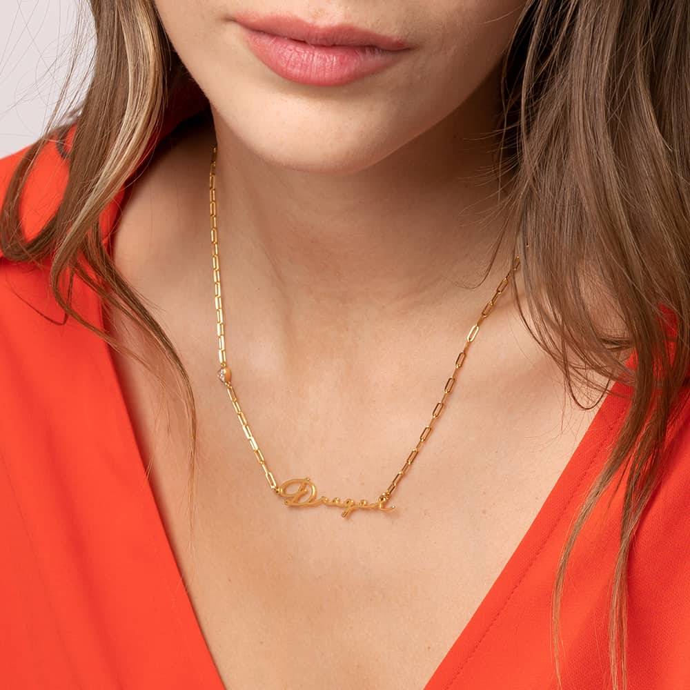 Collar de Eslabones con Nombre de Firma con Diamante en Forma de Corazón en Vermeil de Oro-2 foto de producto