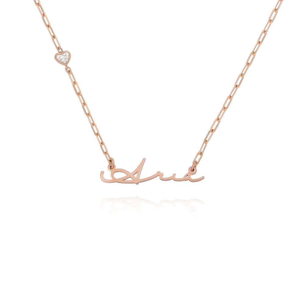 Collar de Eslabones con Nombre de Firma con Diamante en Forma de Corazón en Chapa de Oro Rosa-1 foto de producto