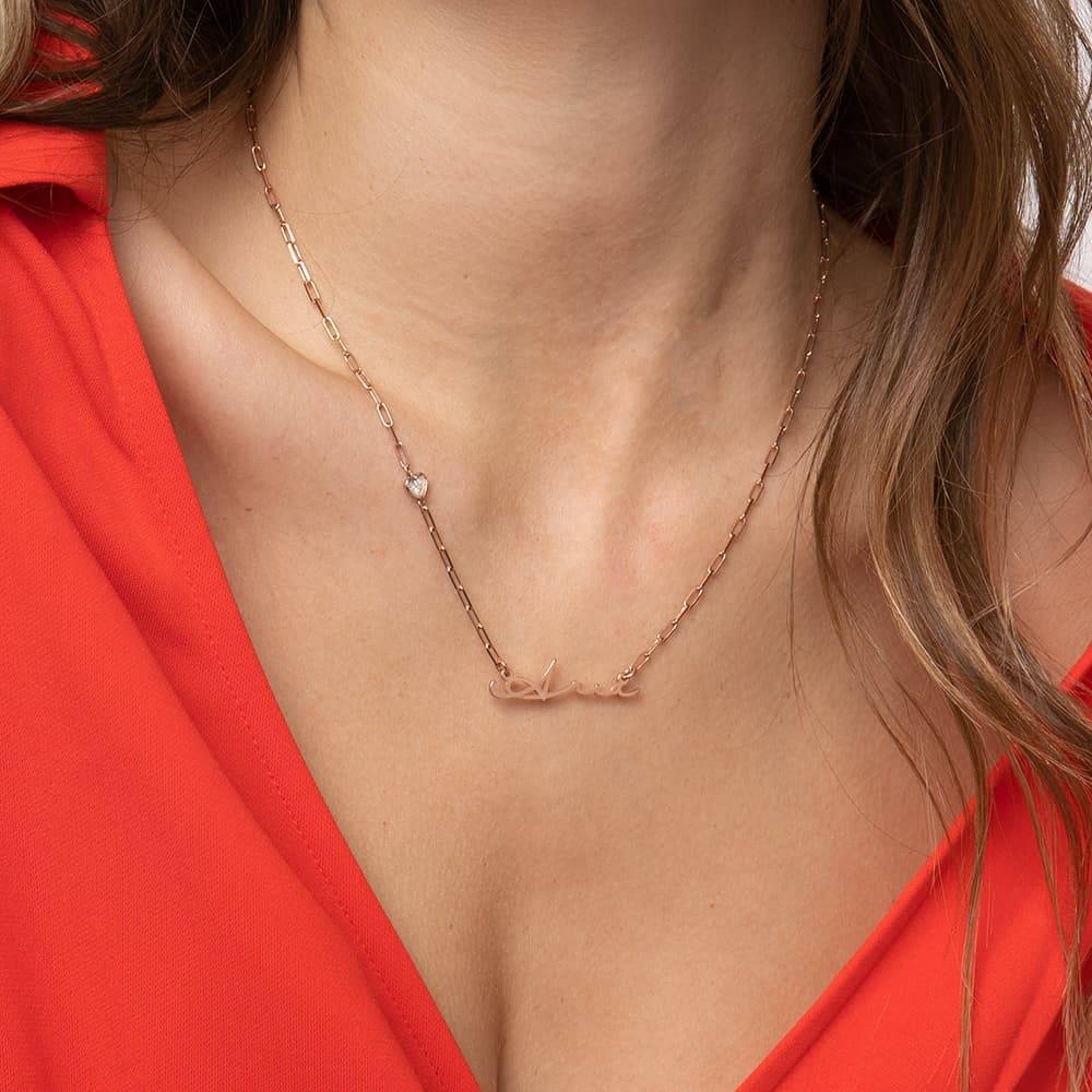 Collar de Eslabones con Nombre de Firma con Diamante en Forma de Corazón en Chapa de Oro Rosa-2 foto de producto