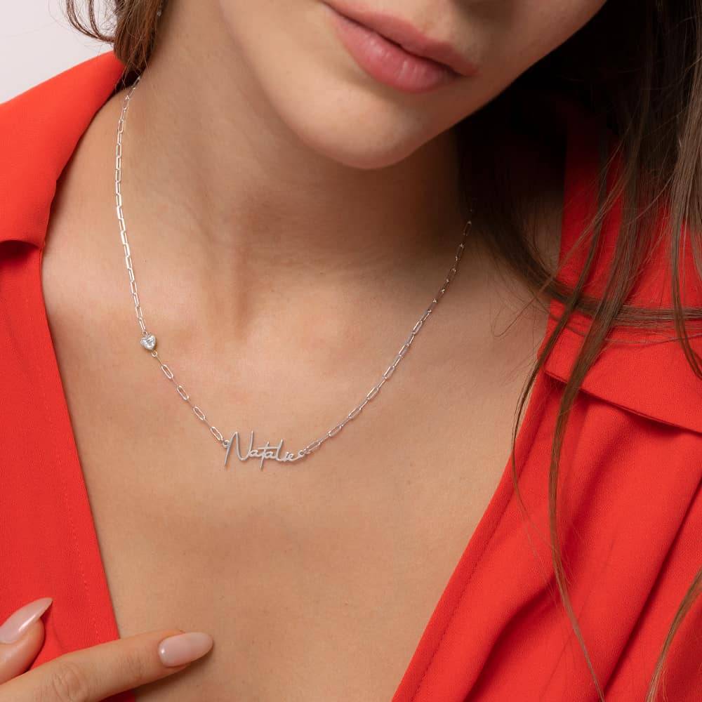 Collar de Eslabones con Nombre de Firma con Diamante en Forma de Corazón en Plata Esterlina-3 Collar de Eslabones con Nombre de Firma con Diamante en Forma de Corazón en Plata Esterlina-3 foto de producto