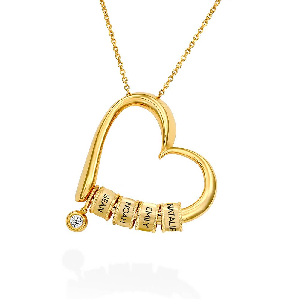 Collar Corazón Encantador con Cuentas Grabadas y Diamante de 0.1ct en Baño de Oro-1 foto de producto