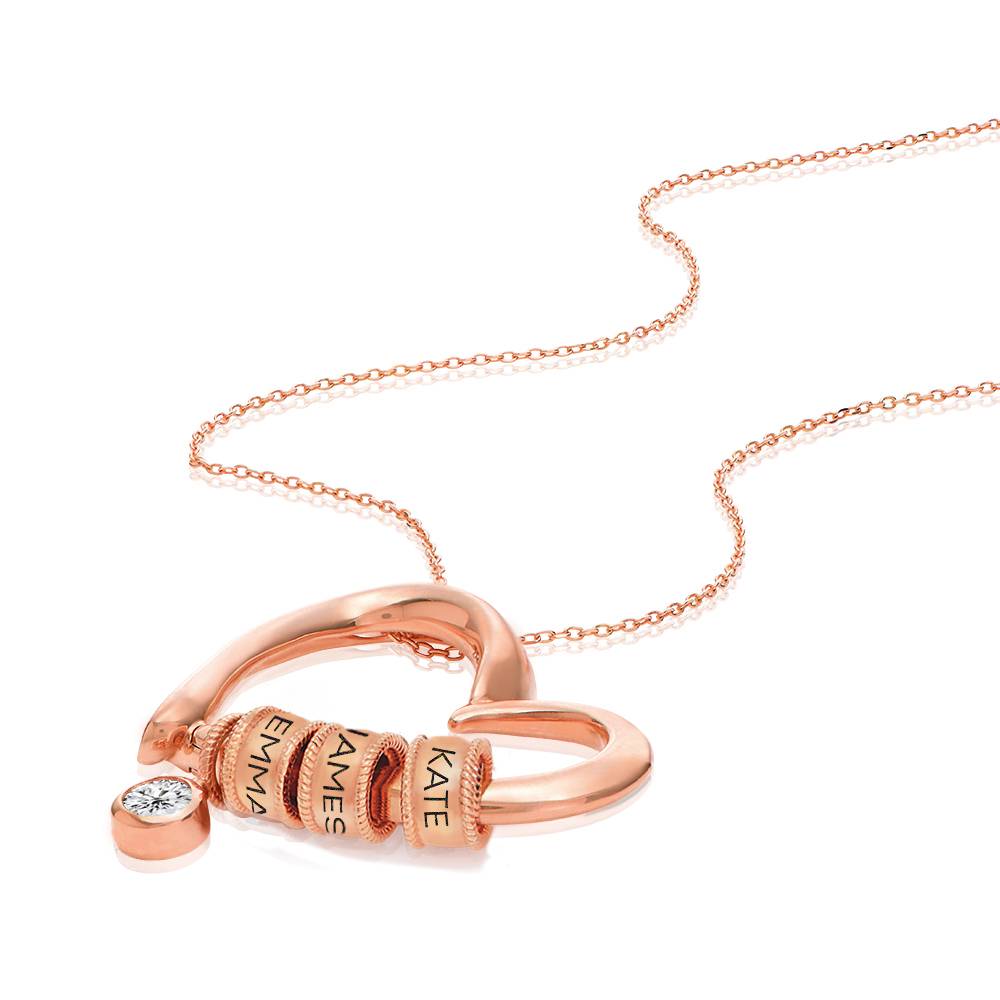 Collar Corazón Encantador con Cuentas Grabadas y Diamante de 0.1ct en Chapa de Oro Rosa-6 foto de producto