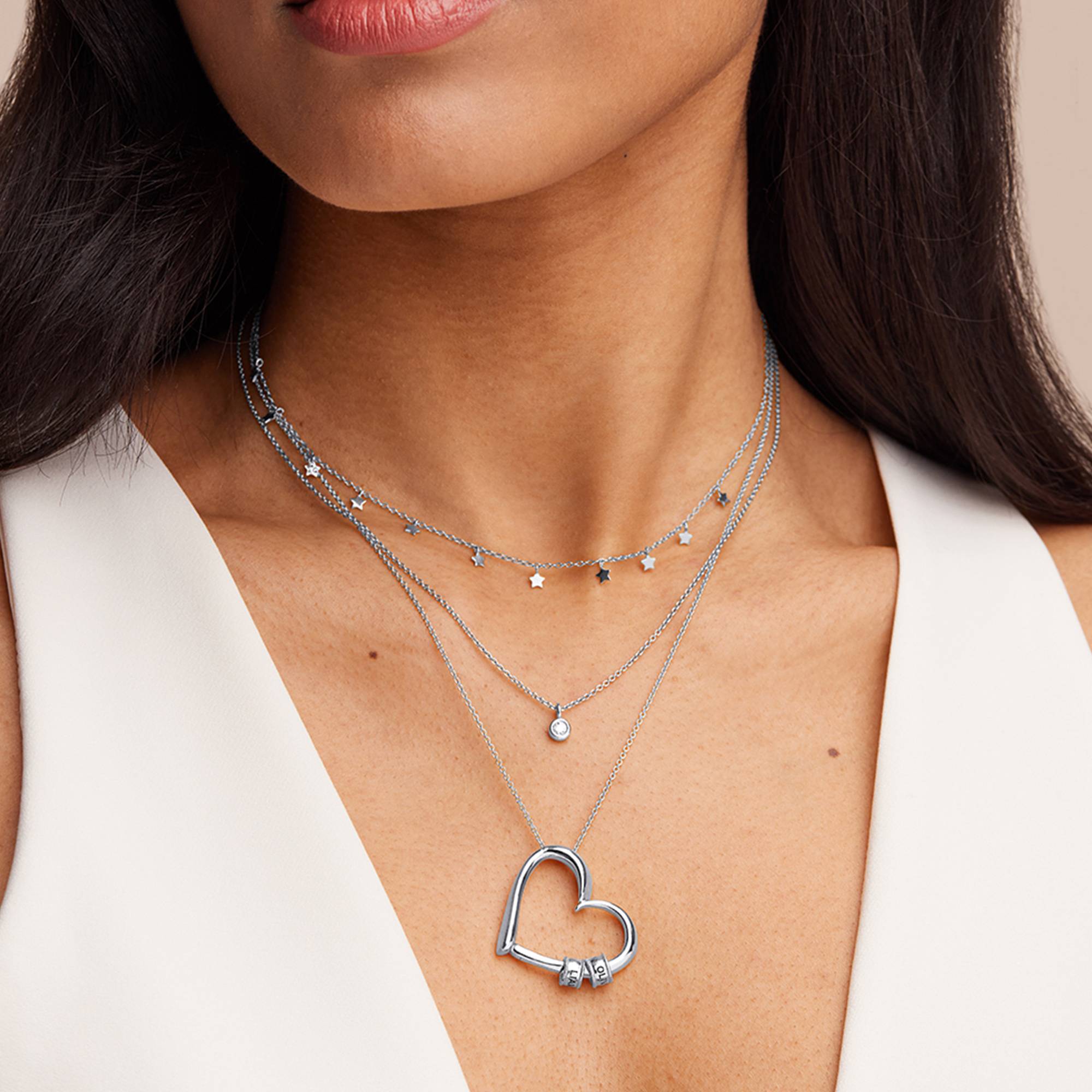 Collar Corazón Encantador con Cuentas Grabadas en Plata Esterlina-3 foto de producto