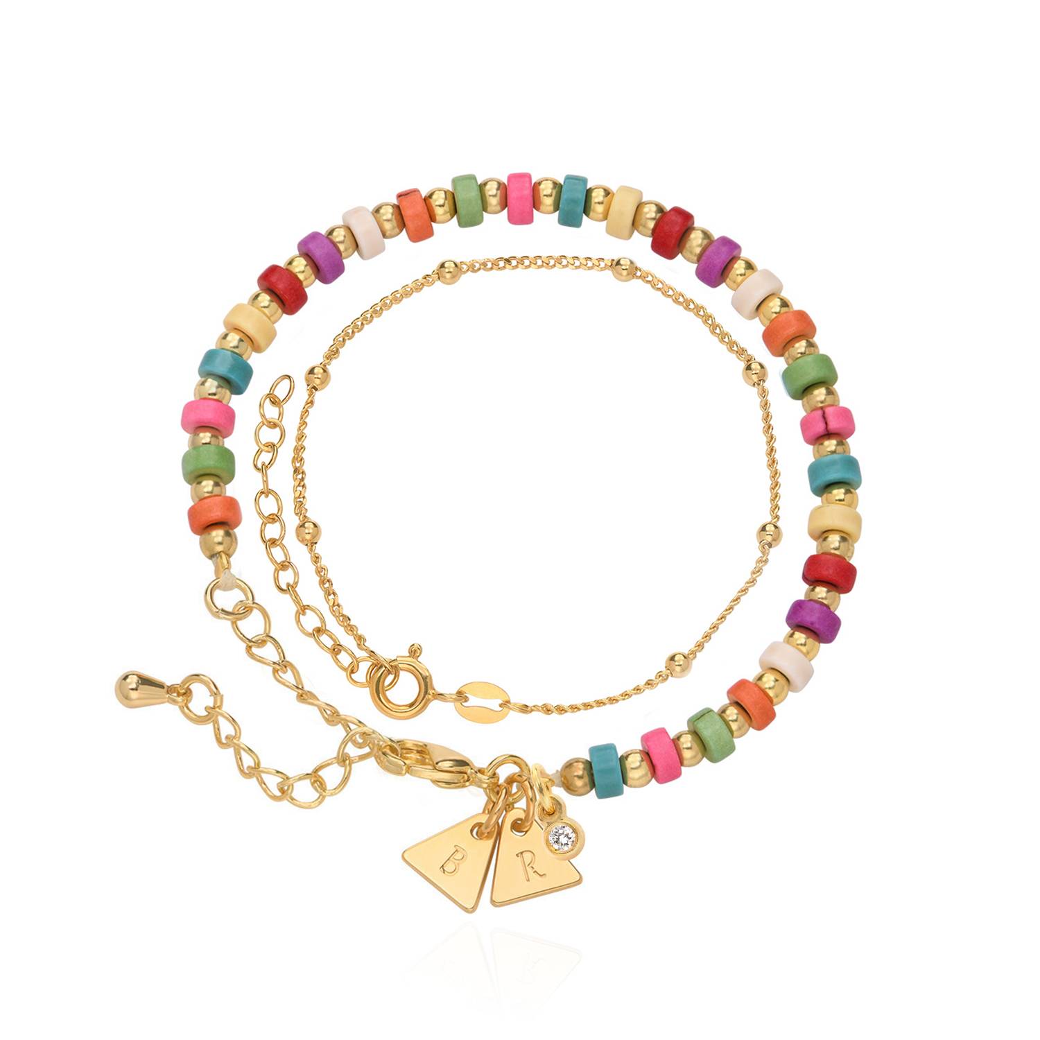 Pulsera / Tobillera de Cuentas en Capas Tropicales con Iniciales y 0.05ct Diamantes en Chapa de Oro-1 foto de producto