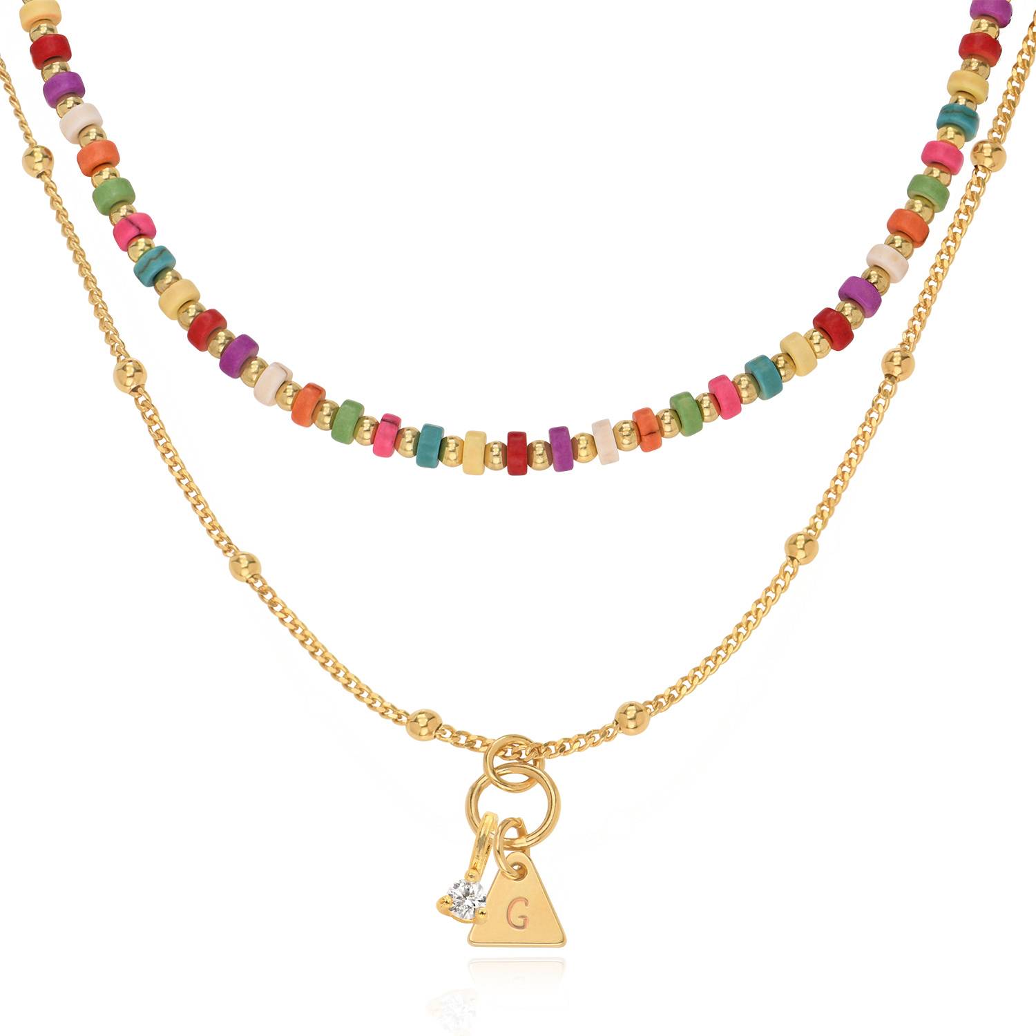 Collar de Cuentas en Capas Tropicales con Iniciales y 0.10ct Diamantes en Baño de Oro-1 Collar de Cuentas en Capas Tropicales con Iniciales y 0.10ct Diamantes en Baño de Oro-1 foto de producto