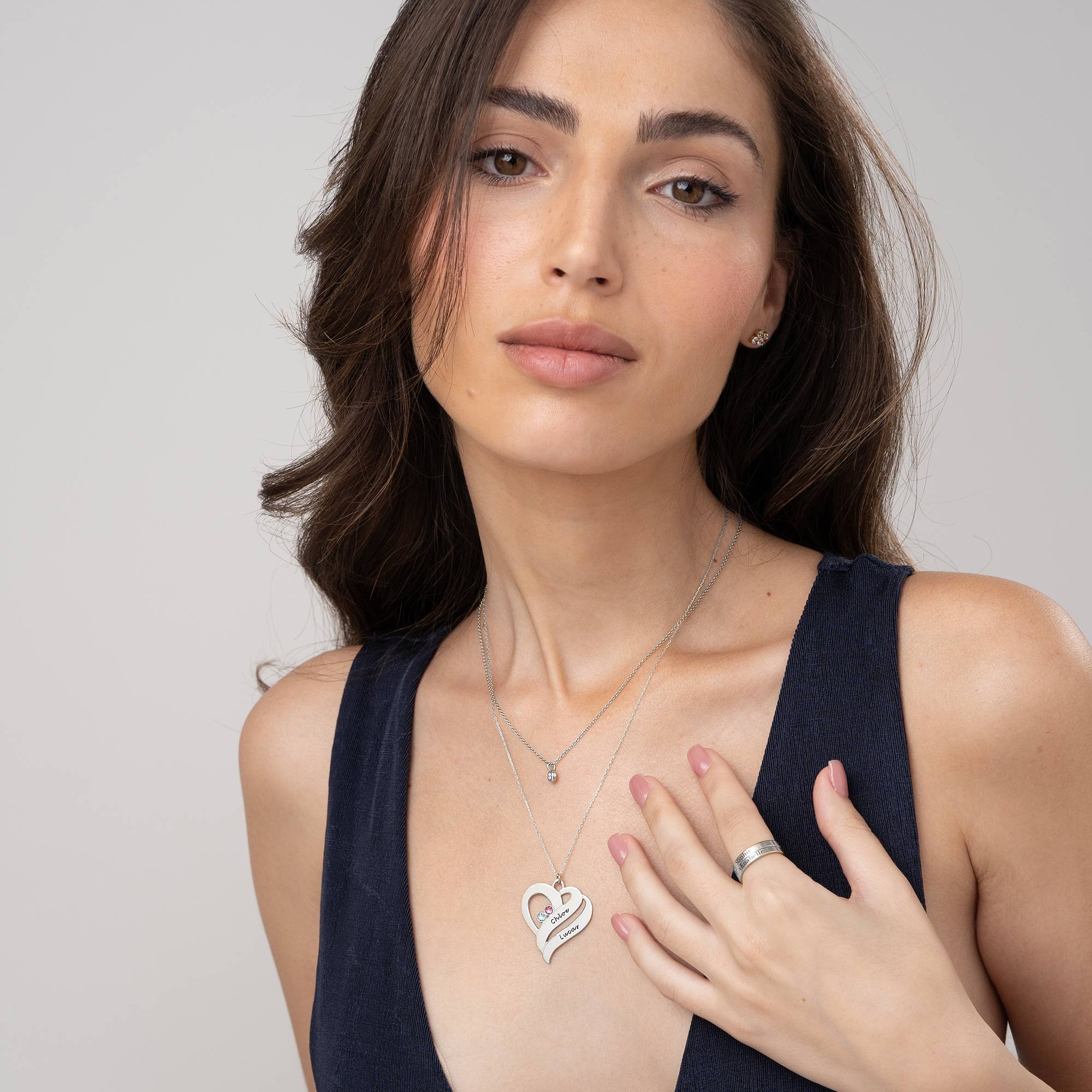 Collar Dos Corazones Por Siempre con Piedras de Nacimiento en Oro Blanco 10K-3 foto de producto