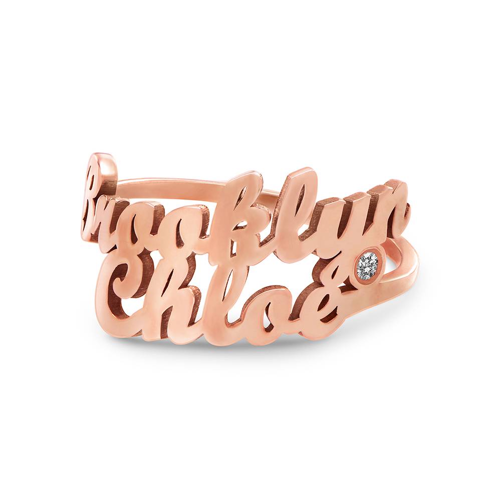 Anillo con Doble Nombre Script y Diamante en Chapa de Oro Rosa-2 foto de producto