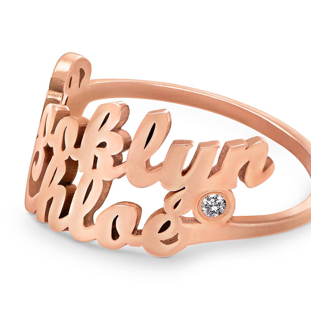 Anillo con Doble Nombre Script y Diamante en Chapa de Oro Rosa-4 foto de producto
