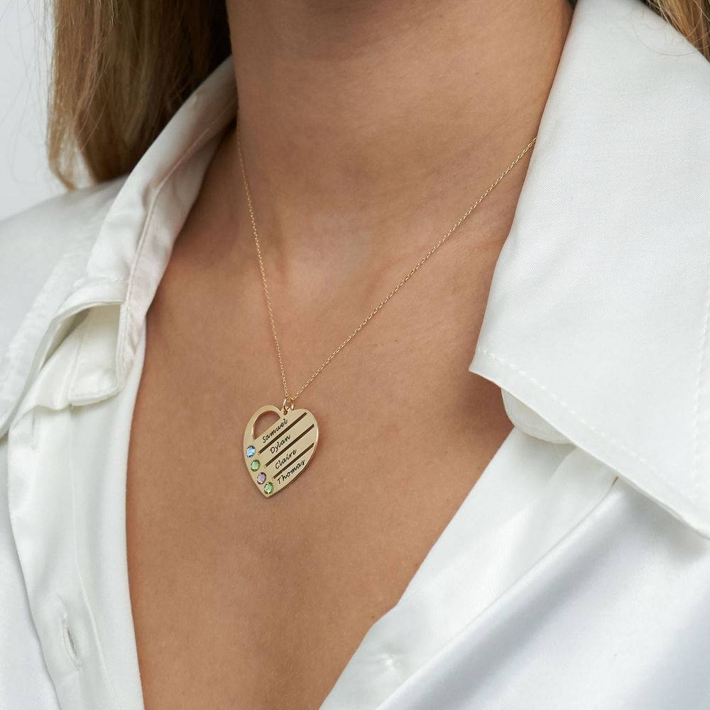 Collar de Corazón Terry con Nombres Grabados y Piedras de Nacimiento en Oro Sólido 10K-2 foto de producto