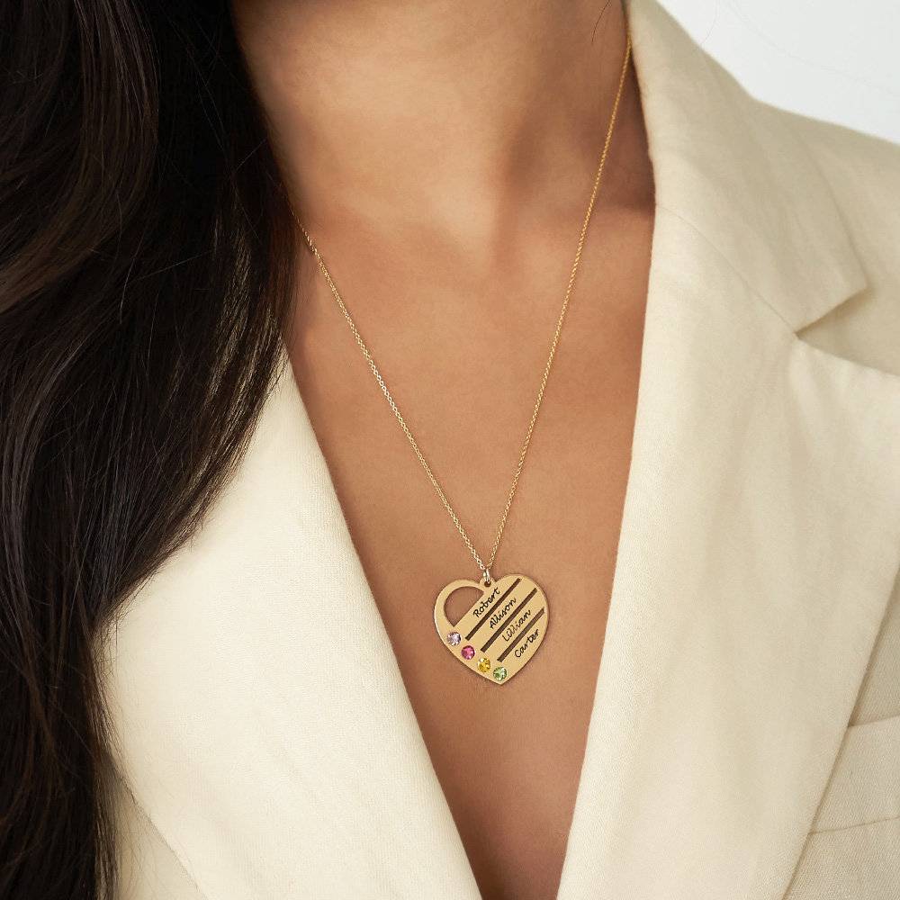 Collar de Corazón Terry con Nombres Grabados y Piedras de Nacimiento en Oro Sólido 14K-3 foto de producto