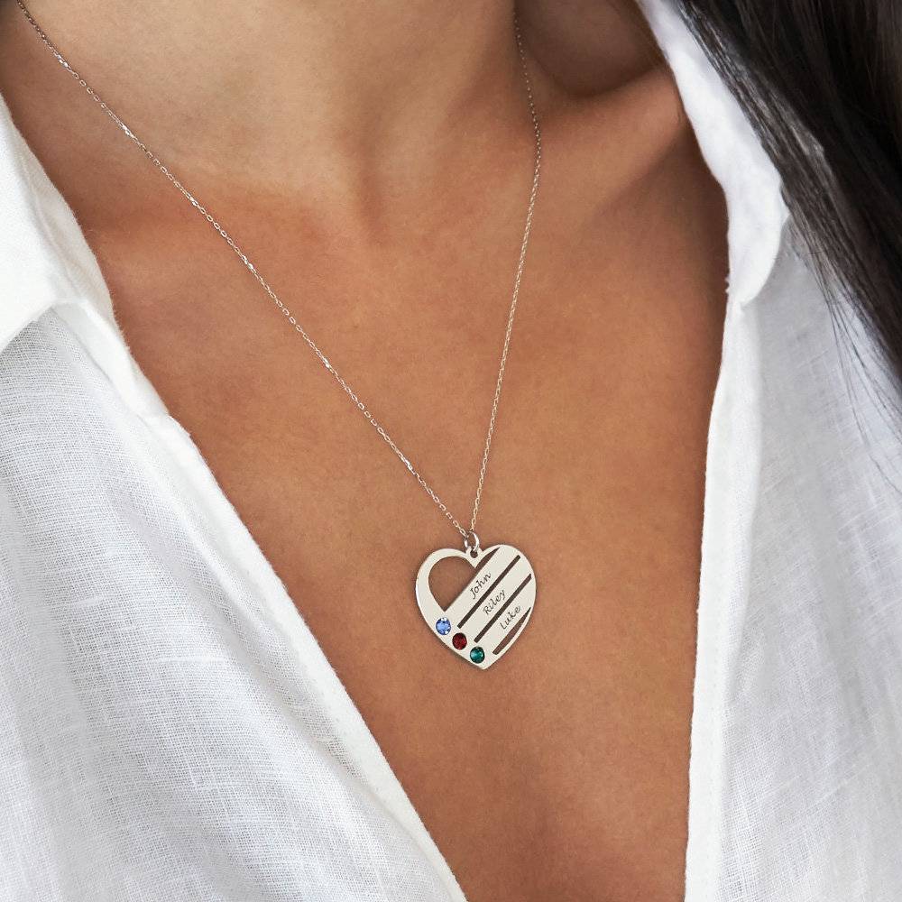 Collar de Corazón Terry con Nombres Grabados y Piedras de Nacimiento en Oro Blanco de 14K-3 foto de producto