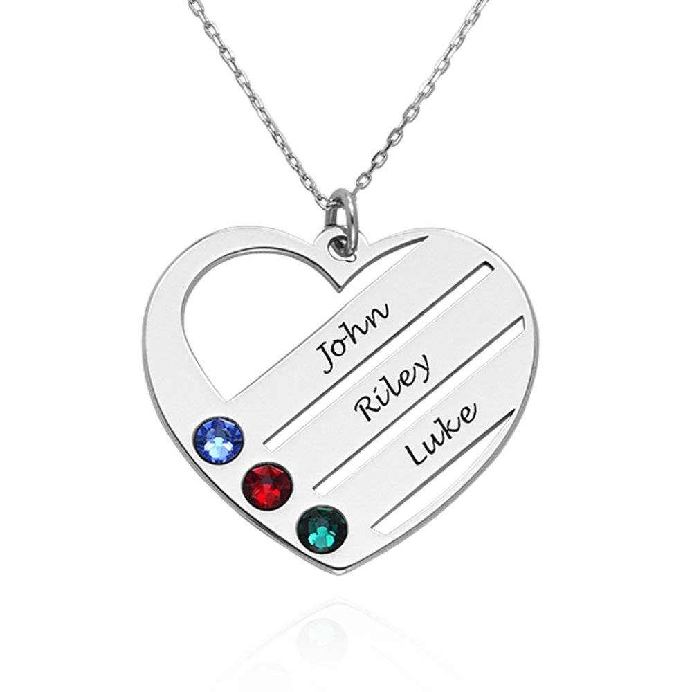 Collar de Corazón Terry con Nombres Grabados y Piedras de Nacimiento en Oro Blanco de 14K-1 foto de producto