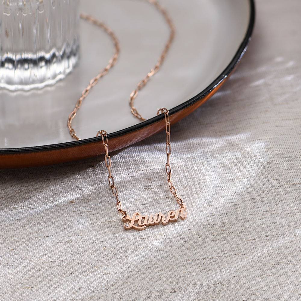 Collar de Eslabones con Nombre Cursiva con Diamante en Chapa de Oro Rosa-1 foto de producto