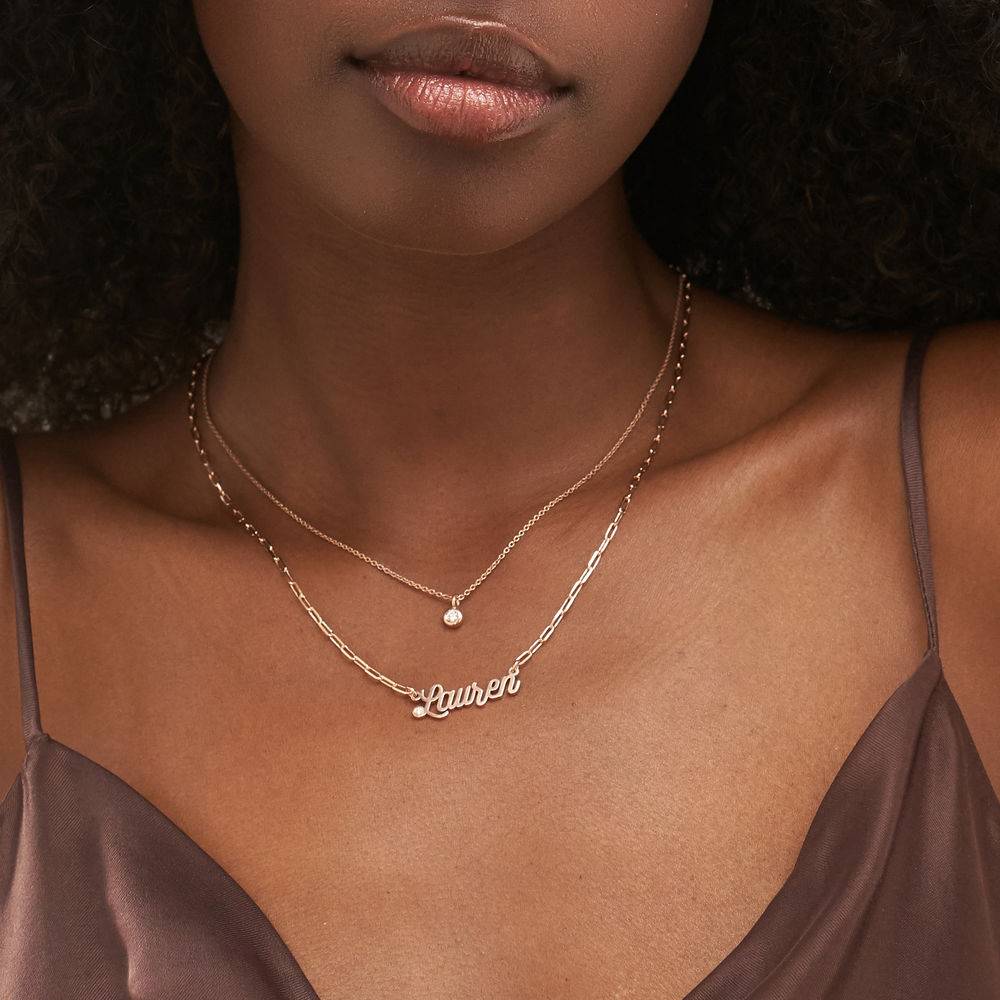Collar de Eslabones con Nombre Cursiva con Diamante en Chapa de Oro Rosa-2 foto de producto