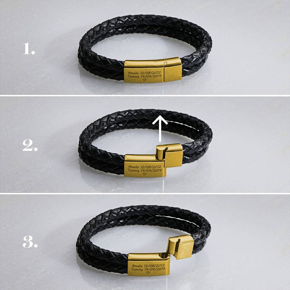 Pulsera Estilo Explorador para Hombres de Cuero Negro en Chapa de Oro-3 foto de producto