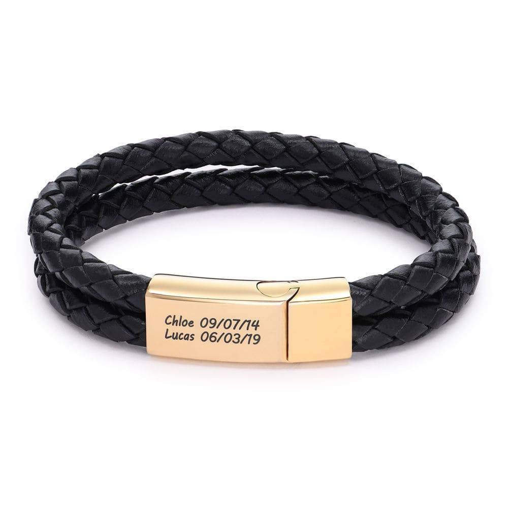 Pulsera Estilo Explorador para Hombres de Cuero Negro en Chapa de Oro-1 foto de producto
