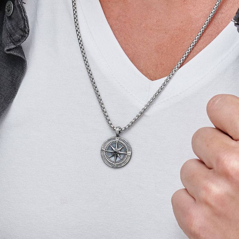 Collar de Brújula Grabada para Hombre en Plata Esterlina-5 foto de producto