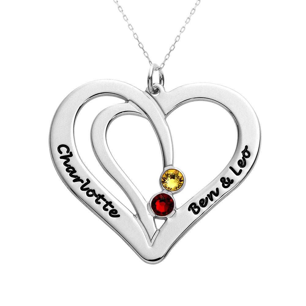 Collar de Corazones Grabados con Piedras de Nacimiento en Oro Blanco 10K-1 foto de producto
