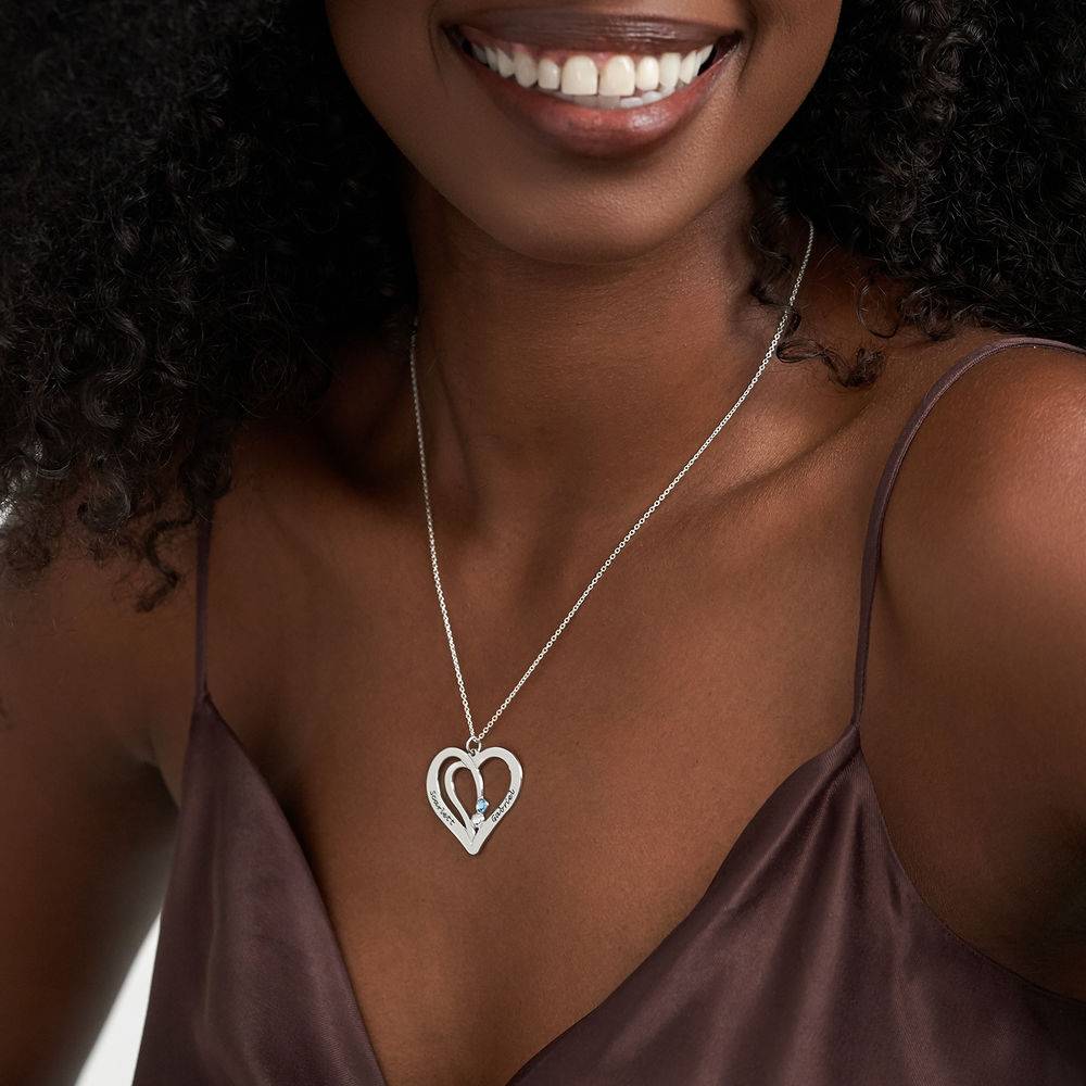 Collar de Corazones Grabados con Piedras de Nacimiento en Oro Blanco 10K-4 foto de producto