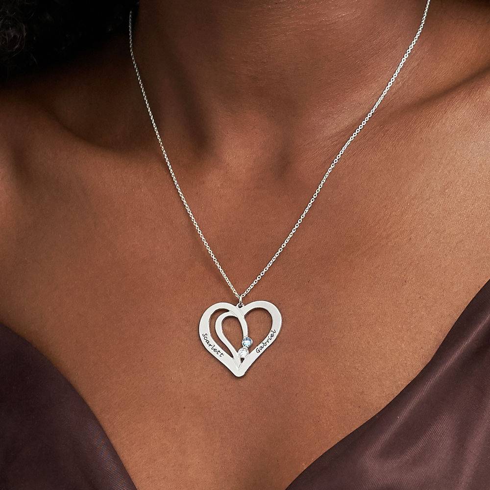 Collar de Corazones Grabados con Piedras de Nacimiento en Oro Blanco 10K-3 foto de producto