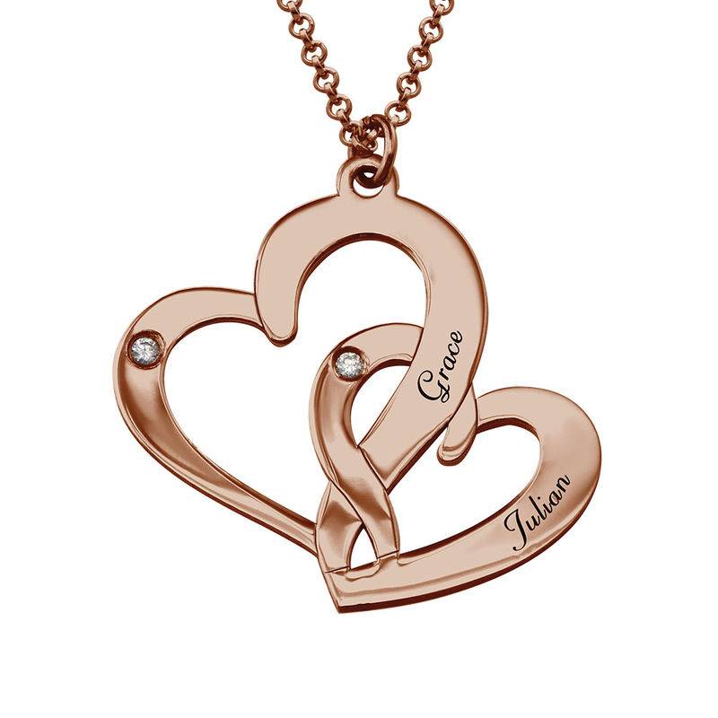 Collar de Dos Corazones Grabados con Diamantes en Chapa de Oro Rosa-1 foto de producto