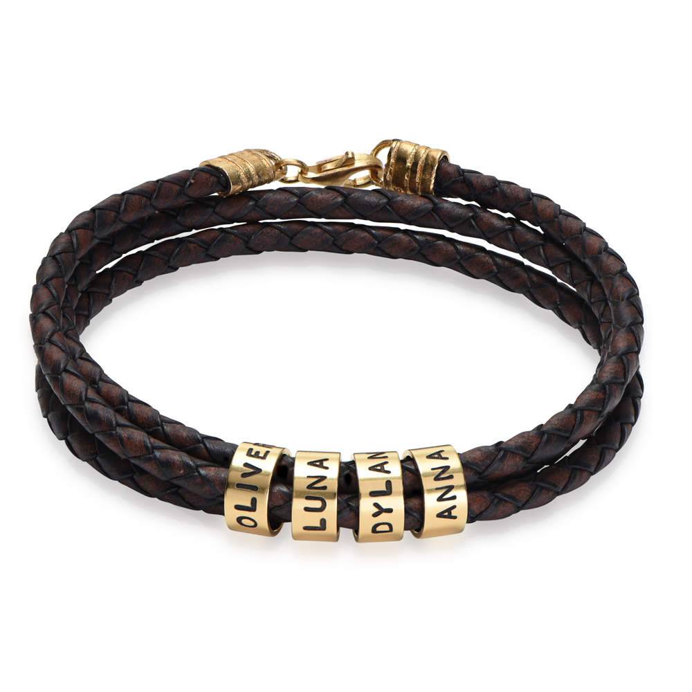 Pulsera de Cuero Marrón Trenzado Navigator con Cuentas Grabadas en Baño de Oro-1 foto de producto