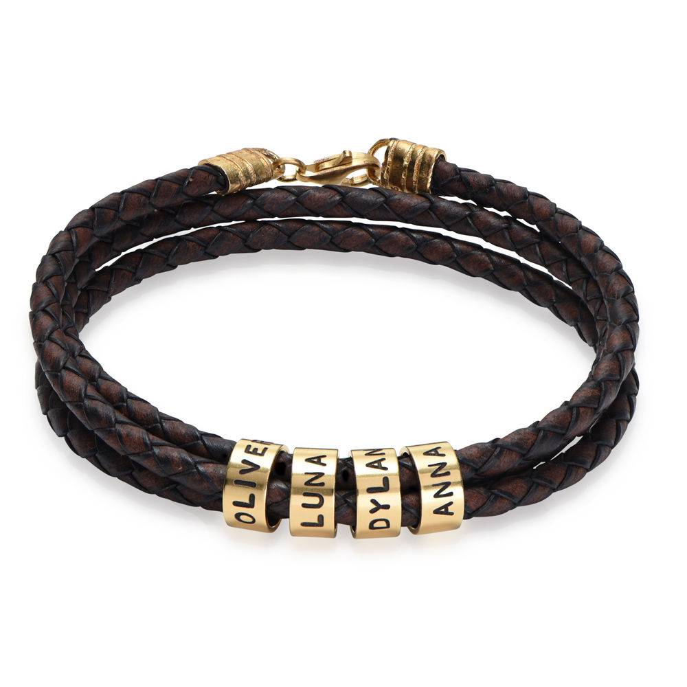 Pulsera de Cuero Marrón Trenzado Navigator con Cuentas Grabadas en Vermeil de Oro-4 foto de producto