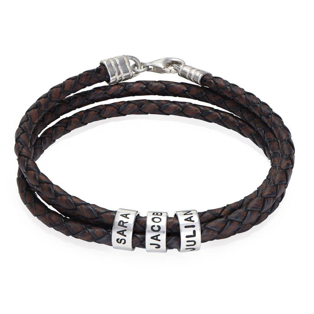 Pulsera de Cuero Marrón Trenzado Navigator con Cuentas Grabadas en Plata-1 foto de producto