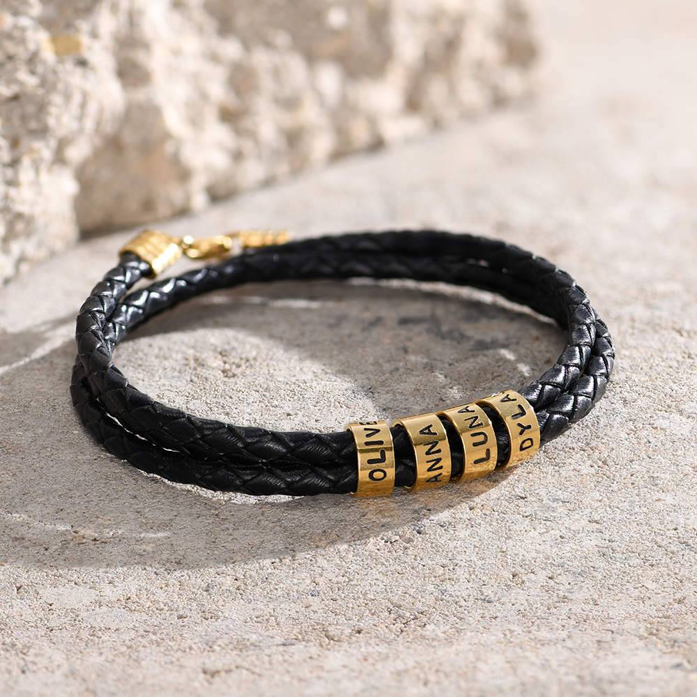 Pulsera de Cuero Negro Trenzado Navigator con Cuentas Grabadas en Vermeil de Oro-2 foto de producto