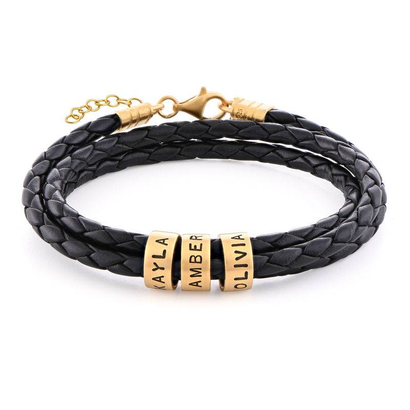 Pulsera de Cuero Negro Trenzado para Mujer con Cuentas Grabadas en Baño de Oro-1 foto de producto
