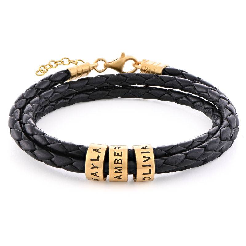 Pulsera de Cuero Negro Trenzado para Mujer con Cuentas Grabadas en Vermeil de Oro-1 foto de producto