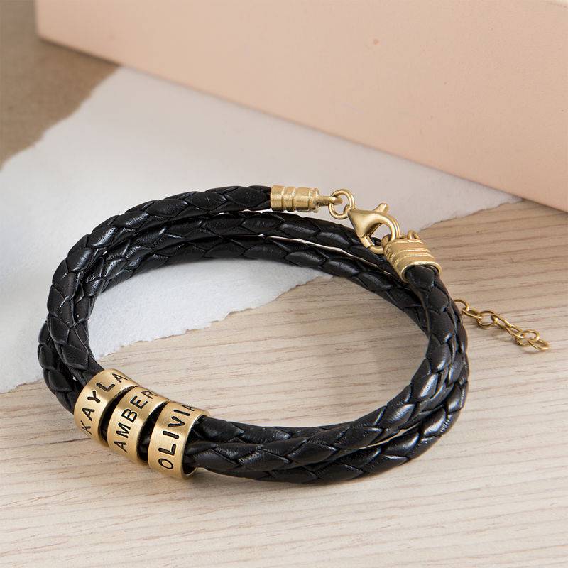 Pulsera de Cuero Negro Trenzado para Mujer con Cuentas Grabadas en Vermeil de Oro-5 foto de producto
