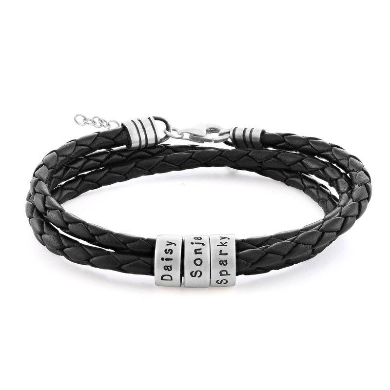 Pulsera de Cuero Negro Trenzado para Mujer con Cuentas Grabadas en Plata Esterlina-1 foto de producto