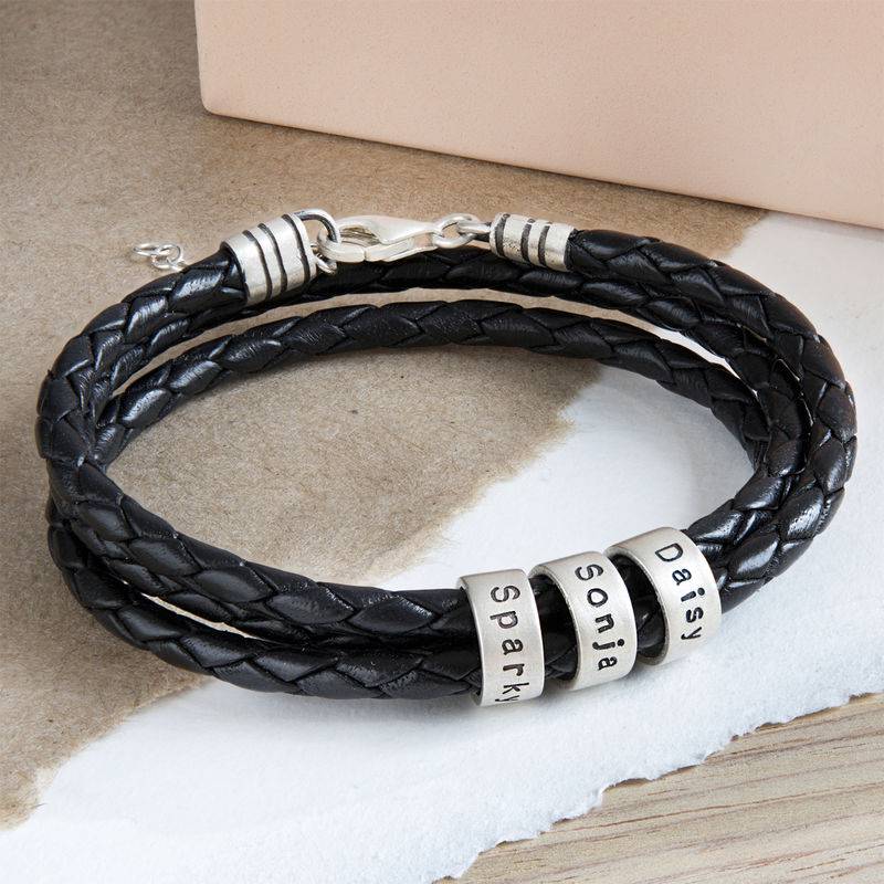 Pulsera de Cuero Negro Trenzado para Mujer con Cuentas Grabadas en Plata Esterlina-4 foto de producto