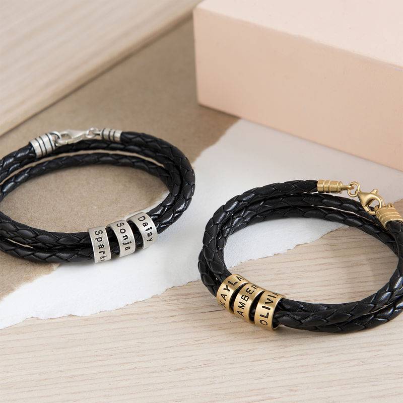 Pulsera de Cuero Negro Trenzado para Mujer con Cuentas Grabadas en Plata Esterlina-5 foto de producto
