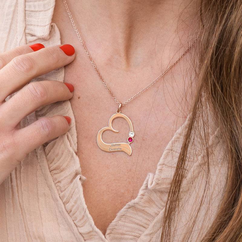Collar de Corazón Personalizado con Piedras de Nacimiento en Chapa de Oro Rosa-3 foto de producto