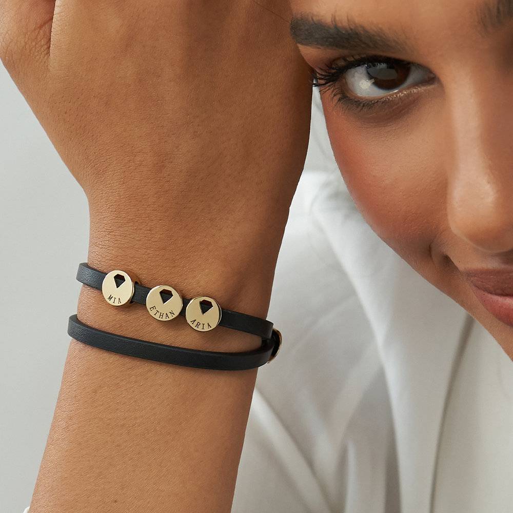 Pulsera de Cuero Personalizada con Dijes en Acero Inoxidable Chapado en Oro-2 foto de producto