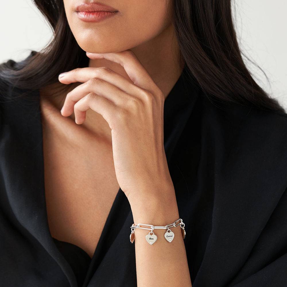 Pulsera de Eslabones Rory con Dijes de Corazón Personalizados con Diamantes en Plata-3 foto de producto