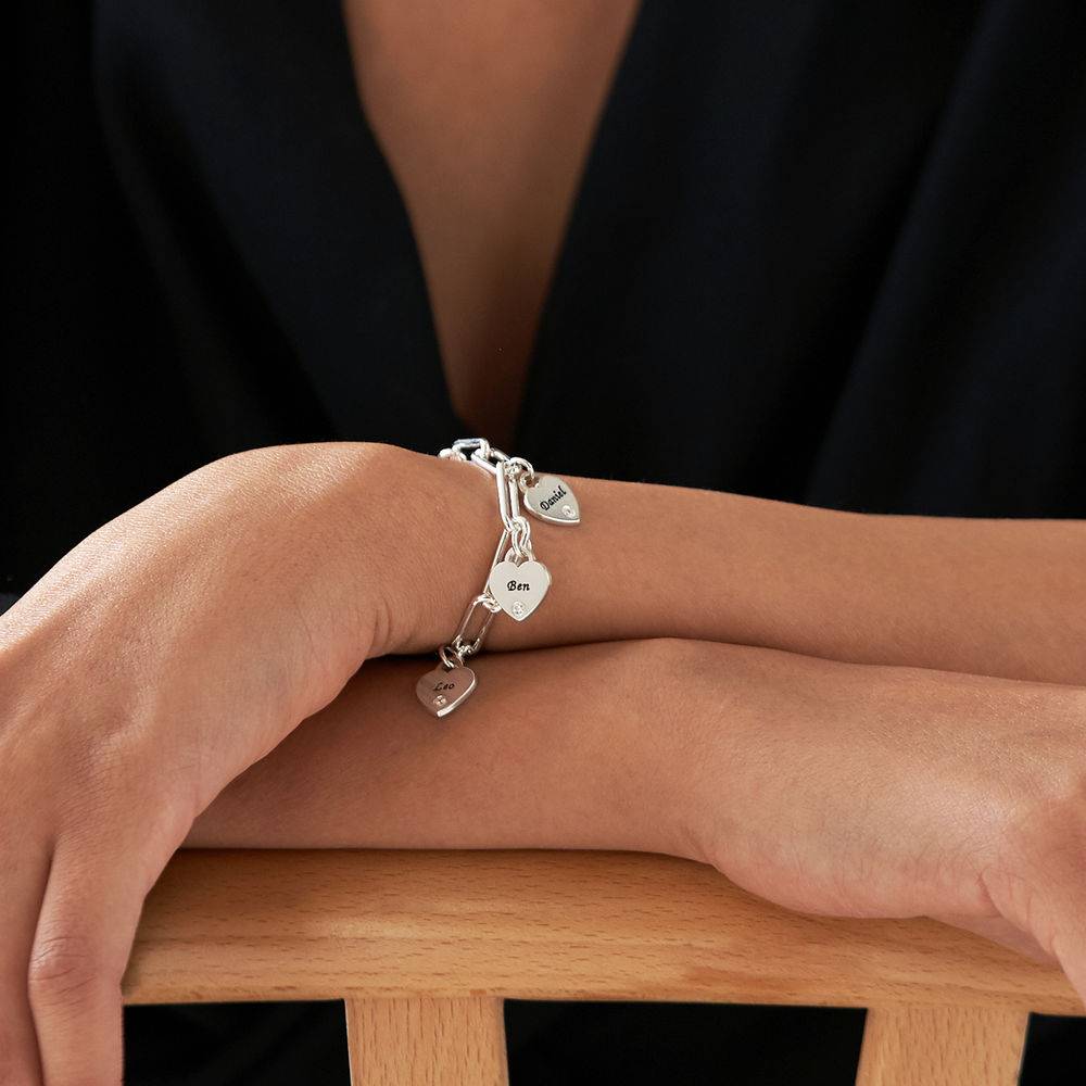 Pulsera de Eslabones Rory con Dijes de Corazón Personalizados con Diamantes en Plata-4 foto de producto