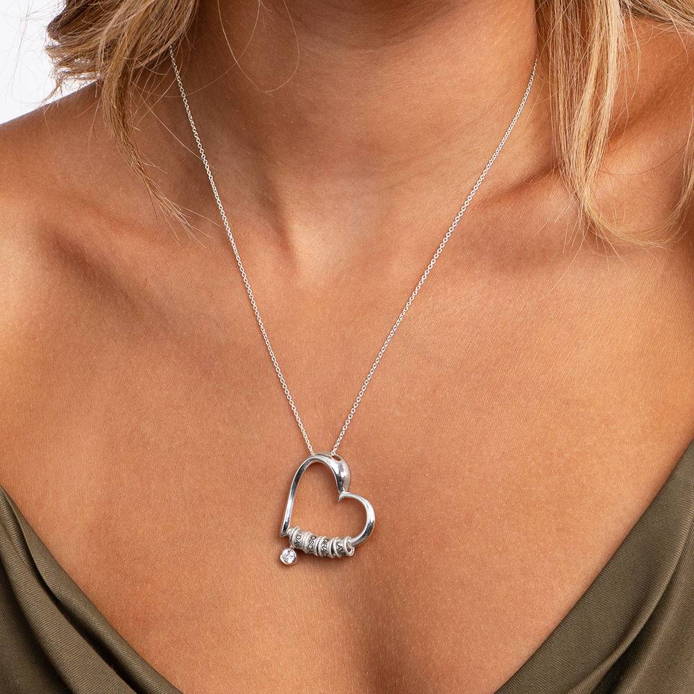 Collar Corazón Encantador con Cuentas Grabadas y Diamante de 0.1ct en Plata Esterlina-5 foto de producto