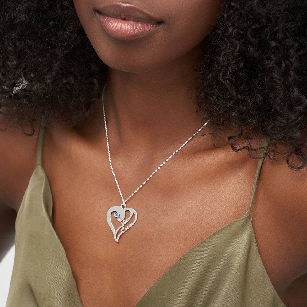 Collar Dos Corazones en Uno con Piedras de Nacimiento en Plata X-2 foto de producto