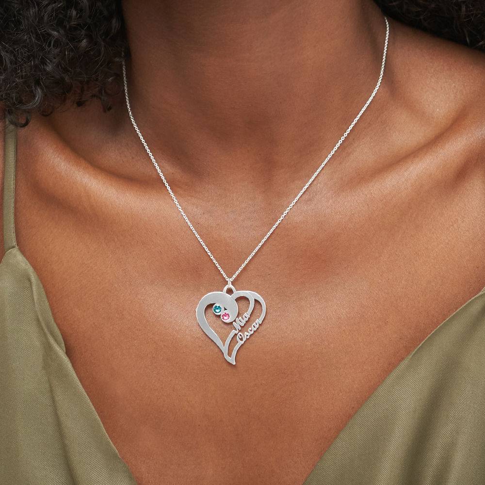 Collar Dos Corazones en Uno con Piedras de Nacimiento en Plata X-3 foto de producto
