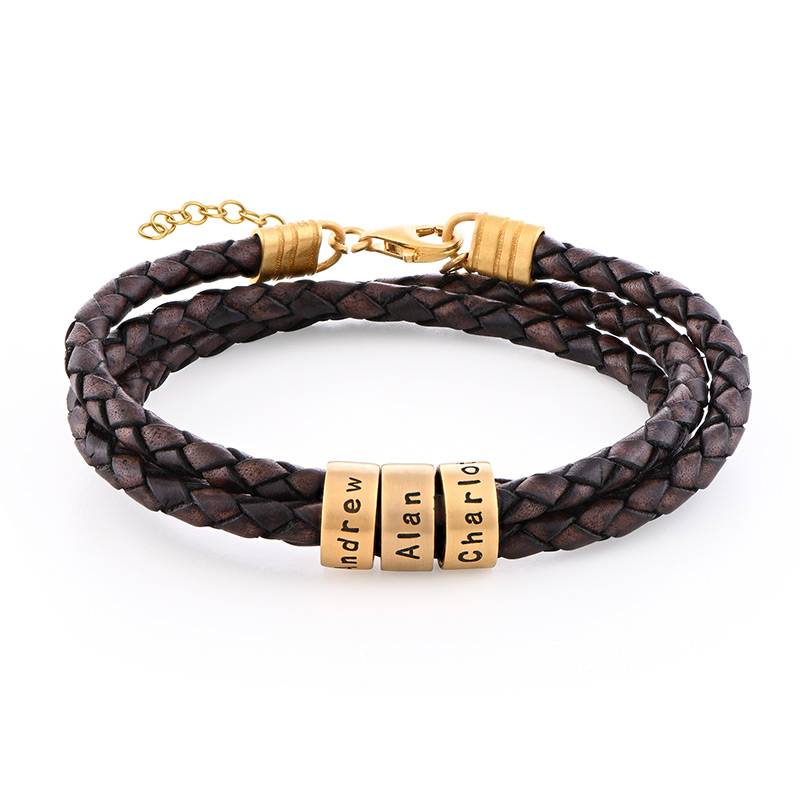 Pulsera de Cuero Marrón Trenzado para Mujer con Cuentas Grabadas en Chapa de Oro-1 foto de producto