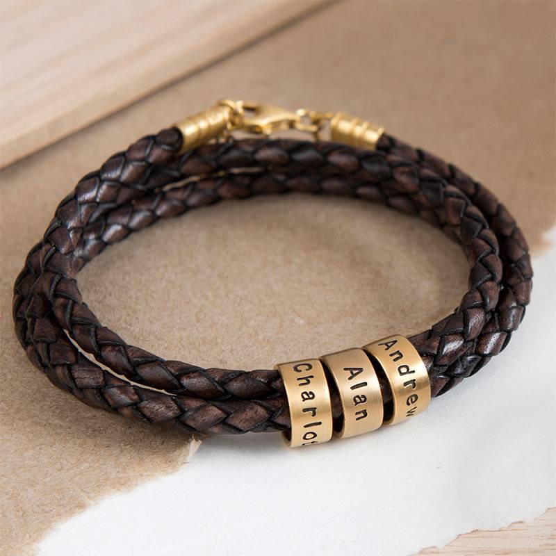 Pulsera de Cuero Marrón Trenzado para Mujer con Cuentas Grabadas en Chapa de Oro-5 foto de producto