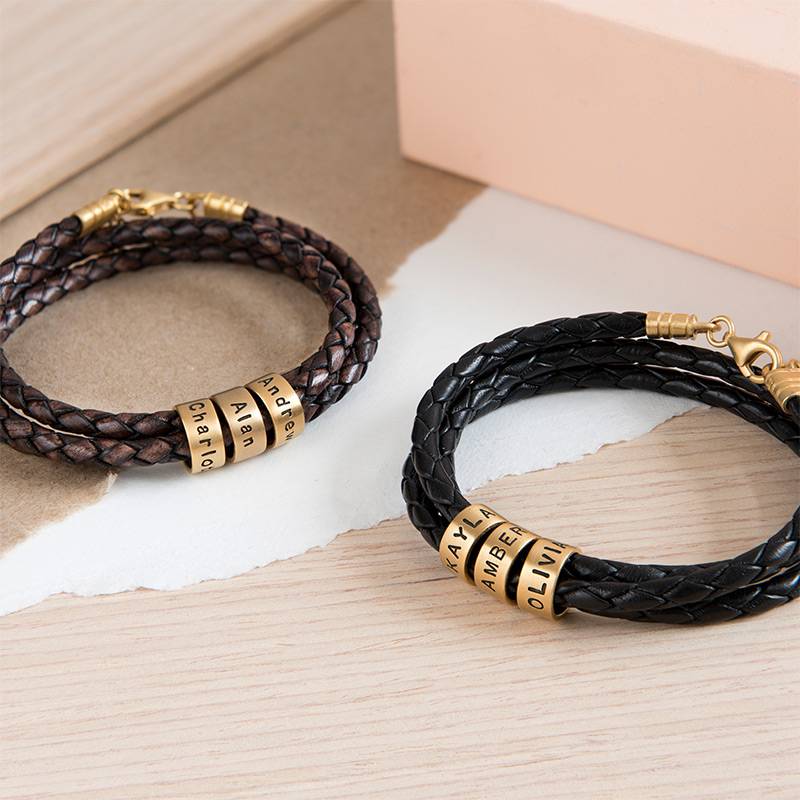 Pulsera de Cuero Marrón Trenzado para Mujer con Cuentas Grabadas en Chapa de Oro-6 foto de producto