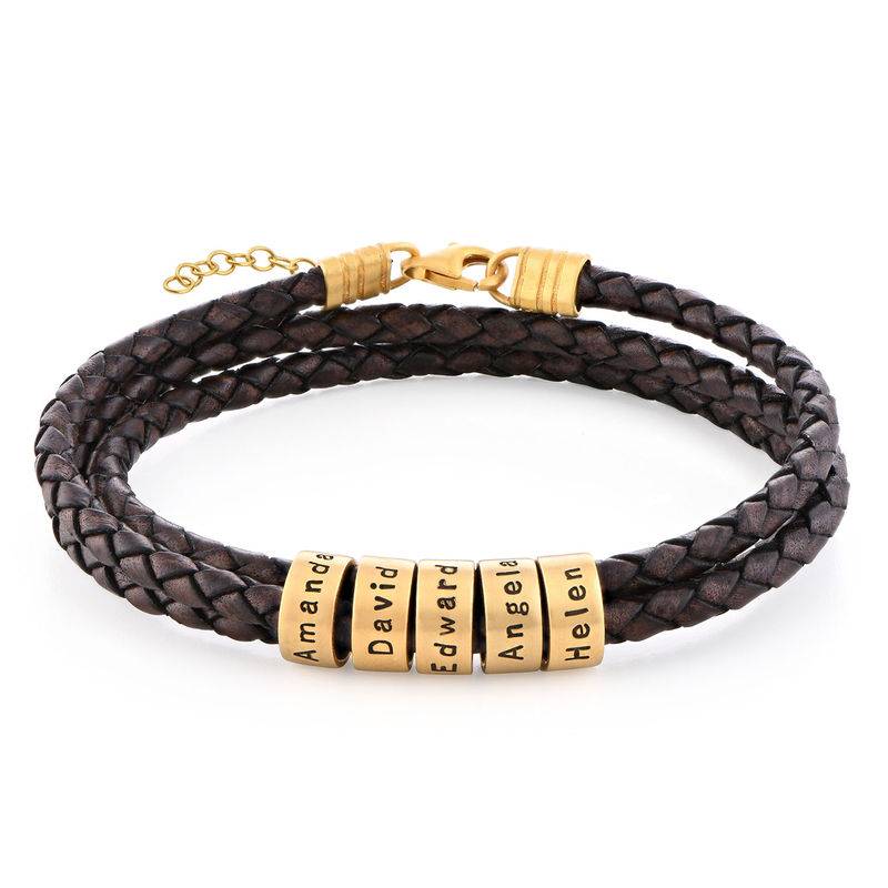 Pulsera de Cuero Marrón Trenzado para Mujer con Cuentas Grabadas en Vermeil de Oro-1 foto de producto