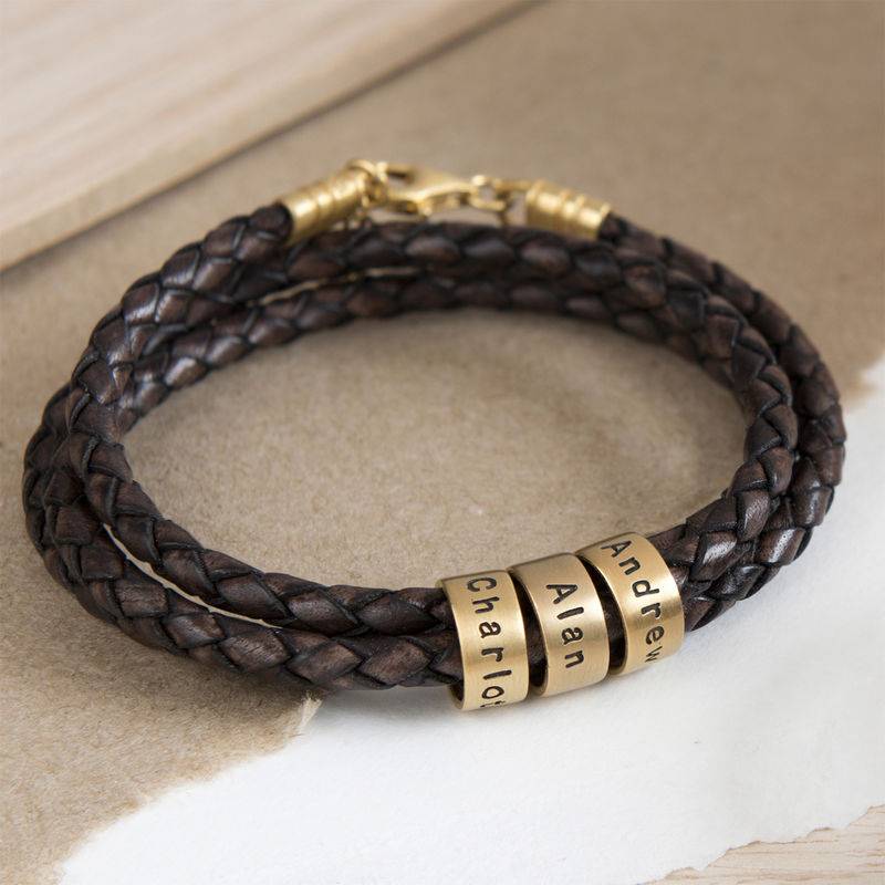 Pulsera de Cuero Marrón Trenzado para Mujer con Cuentas Grabadas en Vermeil de Oro-5 foto de producto